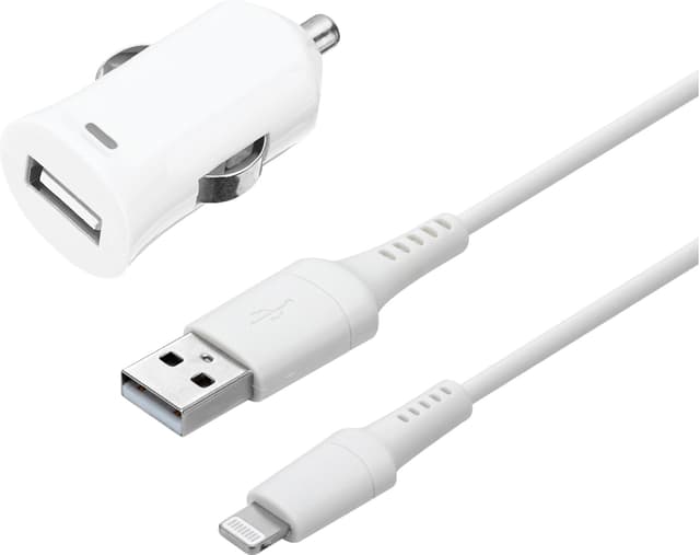 Sandstrøm USB-A billaddare med Lightningkabel 1m (vit)