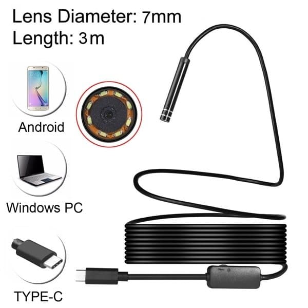 Inspektionskamera USB Typ-C med 6 LED & USB Adapter - 3 meter / 7mm ...
