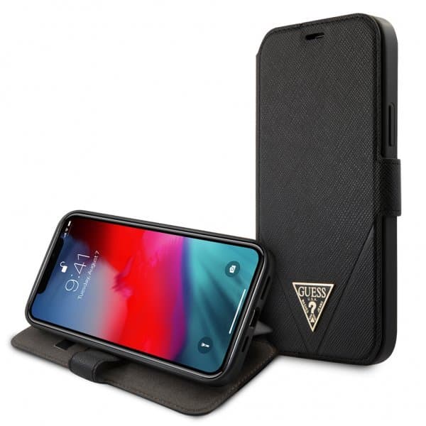 Guess iPhone 12 Pro Max Etui Gold Triangle Saffiano Sort