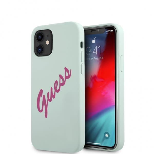 Guess iPhone 12 Mini Cover Vintage Silicone Script Blå