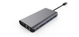 NÖRDIC 1–8 USB C -telakointiasema 1x HDMI 4K 30 Hz. 1x VGA, 1x RJ45, 1x SD-kortinlukija, 2x USB A 5 Gb/s, 1x 3,5 mm ääni, 1x USB C 100 W PD
