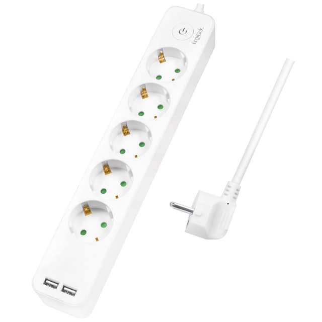 Grenuttak 5-veis + 2 USB m brytere 1,5 m Hvit