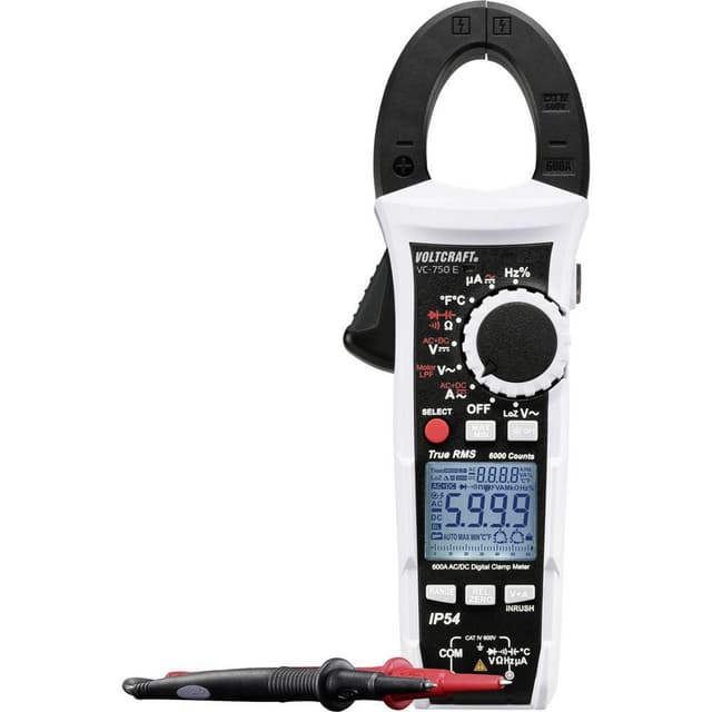 VOLTCRAFT VC-750 E Strömtång, Handmultimeter digital Stänksäker (IP54) CAT IV 600 V Display (Beräkningar): 6000