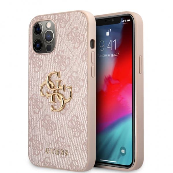 Guess iPhone 12/iPhone 12 Pro Skal Metal Logo Rosa