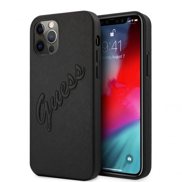 Guess iPhone 12 Pro Max Skal Saffiano Vintage Script Svart