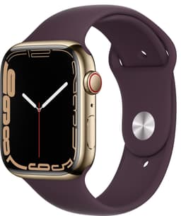 Apple Watch Series 7 45mm GPS+eSIM (guld stål/mørk kirsebær sportsrem)