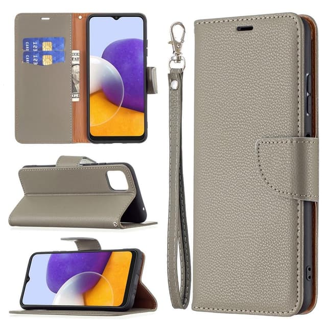 SKALO Samsung A22 5G Premium Litchi Flip Cover - Grå