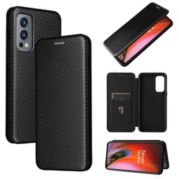 SKALO OnePlus Nord 2 Carbon Fiber Lompakkokotelo - Musta