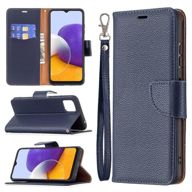 SKALO Samsung A22 5G Premium Litchi Flip Cover - Blå