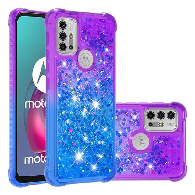 SKALO Moto G20/G30 Kvicksand Glitter Hjerter TPU Cover - Lilla-Blå