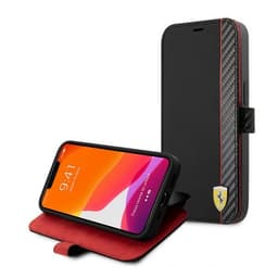 Ferrari iPhone 13 Pro Max Kotelo Carbon Effect Metal Logo Vertical Stripe Musta