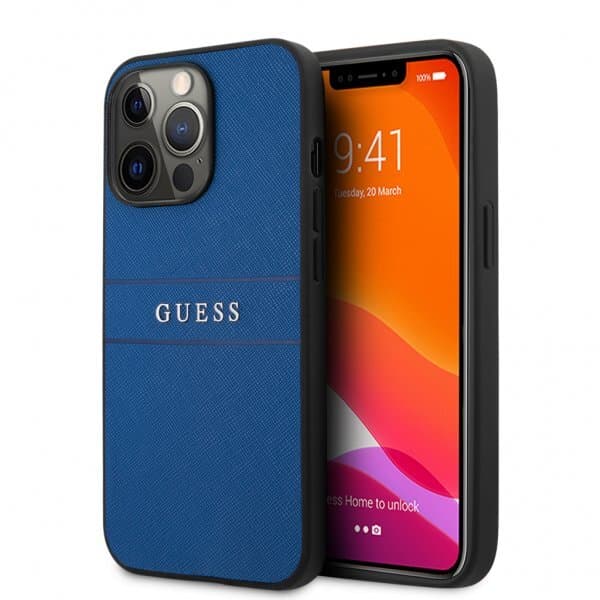Guess iPhone 13 Pro Max Cover Hot Stamp Metal Logo Blå