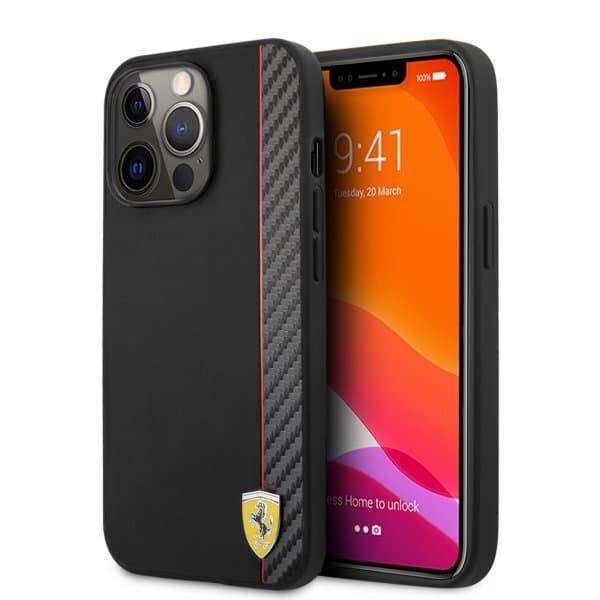 Ferrari iPhone 13 Pro Cover Carbon Effect Metal Logo Vertical Stripe Sort