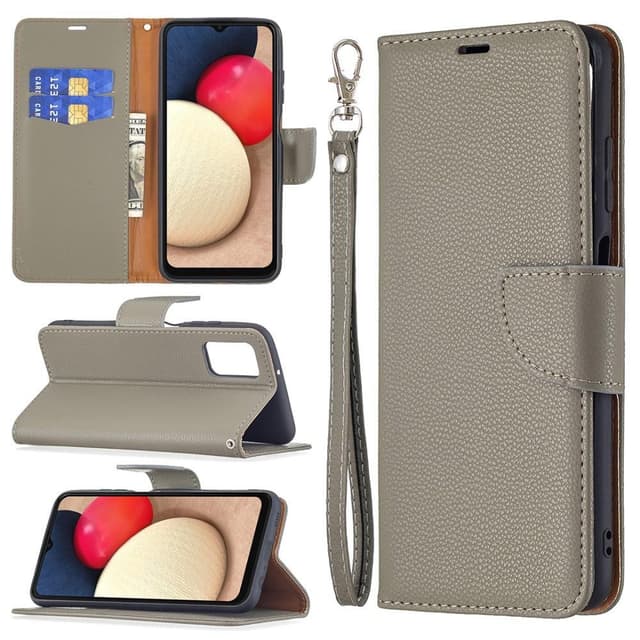SKALO Samsung A02s / A03s Premium Litchi Flip Cover - Grå