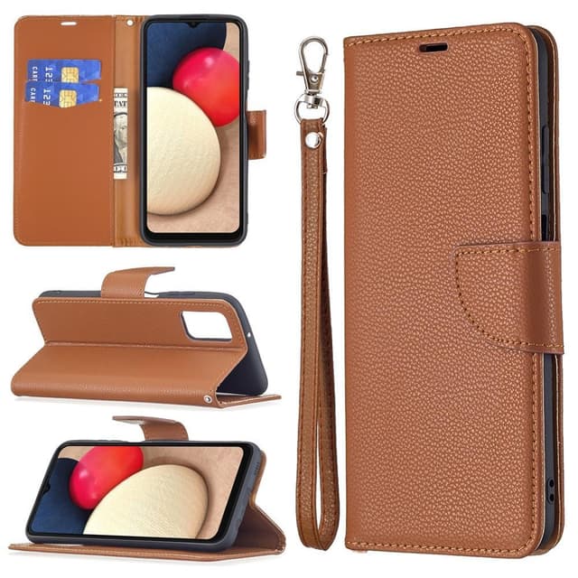 SKALO Samsung A02s / A03s Premium Litchi Flip Cover - Brun