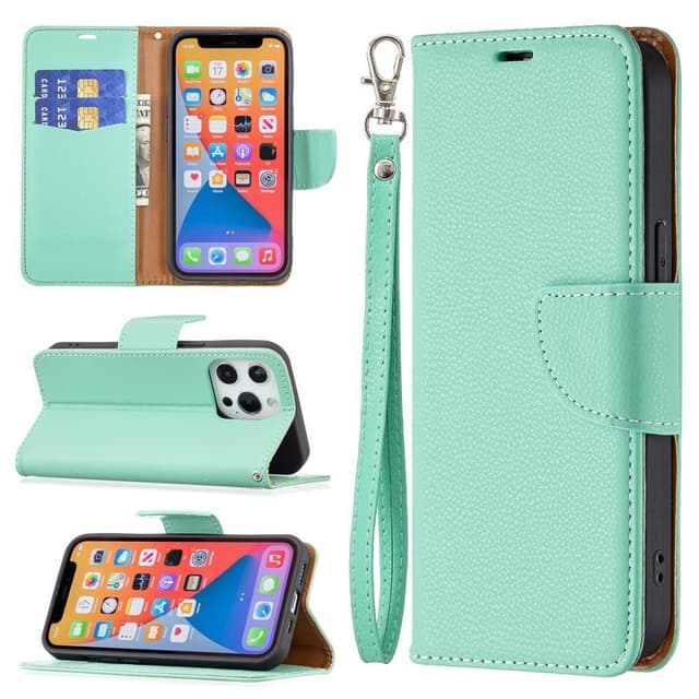 SKALO iPhone 13 Pro Premium Litchi Flip Cover - Turkis