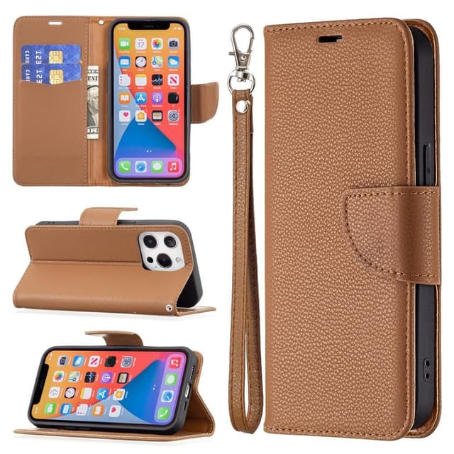 SKALO iPhone 13 Pro Premium Litchi Flip Cover - Brun