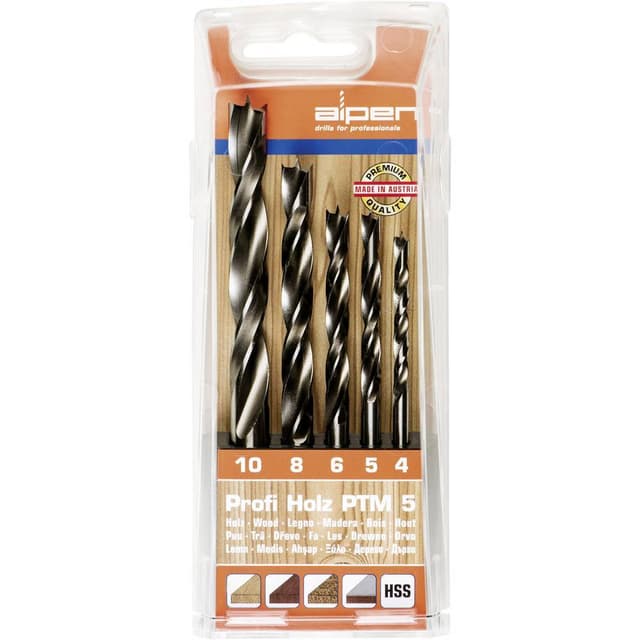 Trä-spiralborr-set 5 delar 4 mm, 5 mm, 6 mm, 8 mm, 10