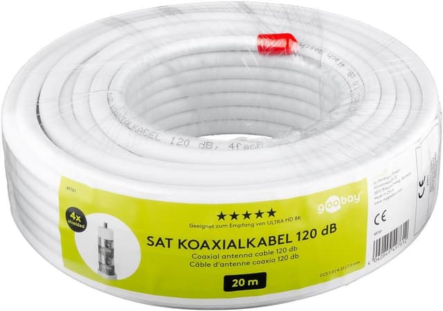 Goobay 120 dB koaksial antennekabel, 4x skjermet, 20 m hvit