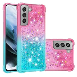 SKALO Samsung S21 FE Juoksuhiekka Glitter Sydämet TPU kuori - Pinkki-Turkoosi