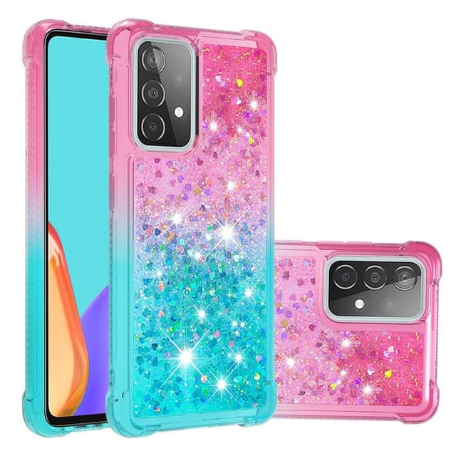 SKALO Samsung A52/A52s Kvicksand Glitter Hjerter TPU Cover - Pink-Turkis