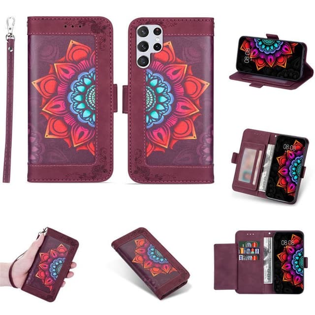 Flower wallet cover 4-kort Samsung Galaxy S22 Ultra - Bordeaux