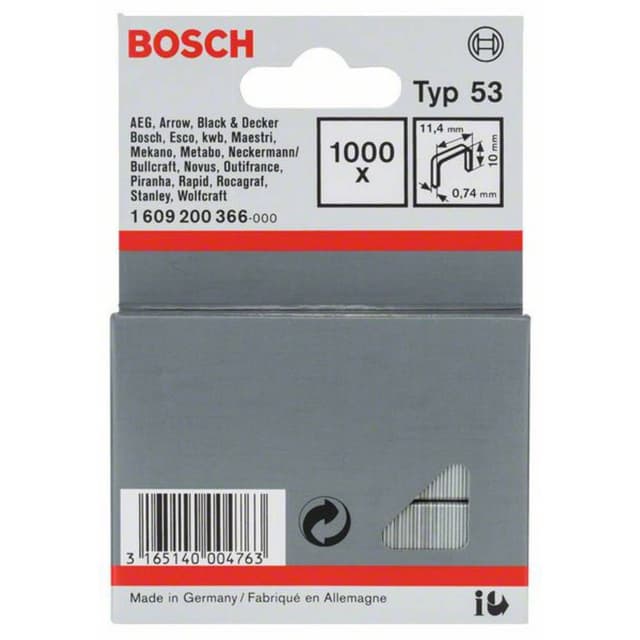 Fintrådklammer type 53 11,4 x 0,74 x 10 mm 1000 stk Bosch Accessories 1609200366 Dimensioner (L x B) 10 mm x 11.4 mm