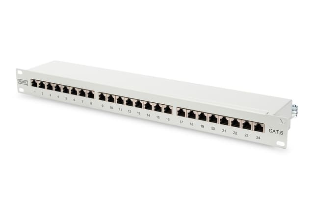 Digitus Patch Panel DN-91624S Hvid, 48,2 x 4,4 x 10,9 cm, Kategori: CAT 6  Porte: 24 x RJ45  Retentionsstyrke: 7,7 kg  Indføringskraft: 30N max