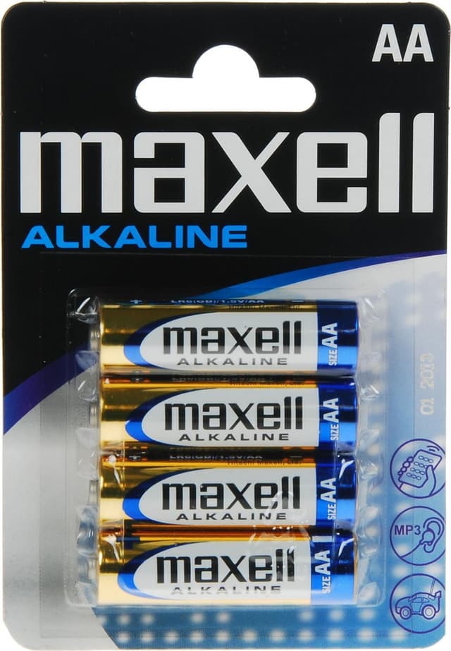 Maxell-batterier, AA (LR06), alkaliske, 1,5V, 4-pakning