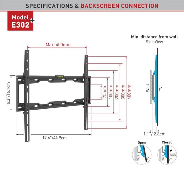 Barkan Flat/ Curved TV Wall Mount E302+ Wall Mount, Fixed, 19-65 ", Maksimal vægt (kapacitet) 50 kg, Sort