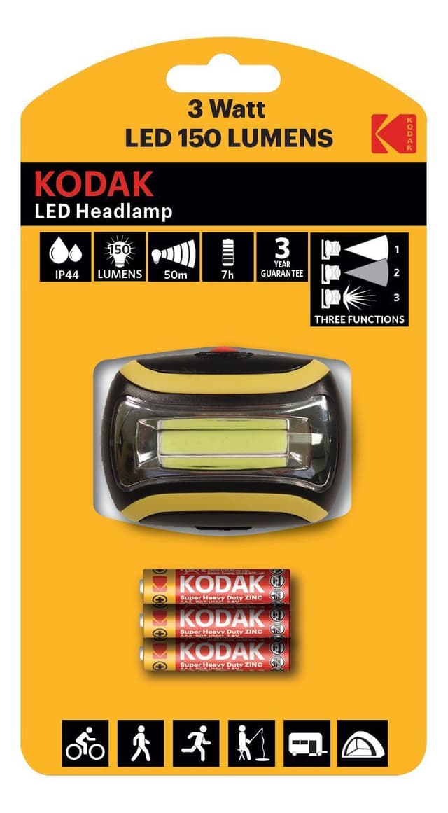 Kodak LED-hodelykt, 150lm, 3 posisjoner, 3W enkel LED, IP44, svart