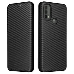 SKALO Moto E30 / E40 Carbon Fiber Lompakkokotelo - Musta