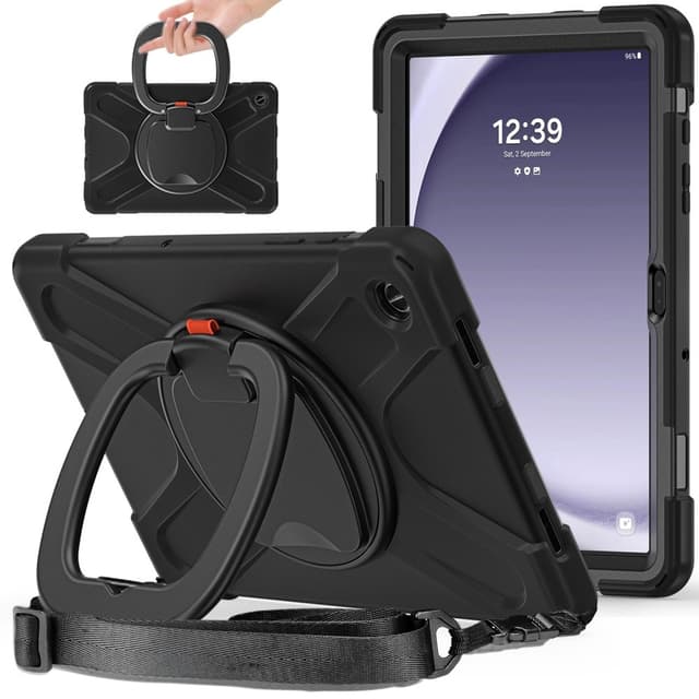 SKALO Samsung Tab A9+ Extra Stöttåligt Armor Ring Skal med Axelrem - Svart