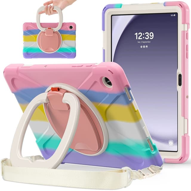 SKALO Samsung Tab A9+ Extra Stöttåligt Armor Ring Skal med Axelrem - Rainbow