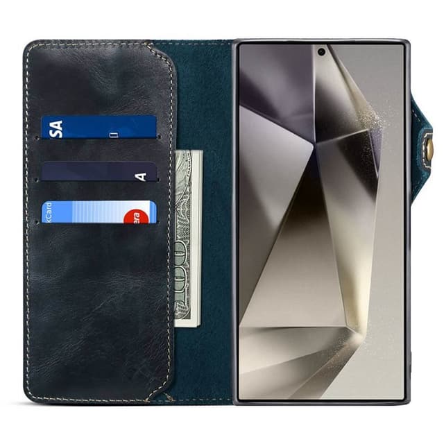 Lompakkokotelo 3-kortti aitoa nahkaa Samsung Galaxy S24 Ultra - Sinine