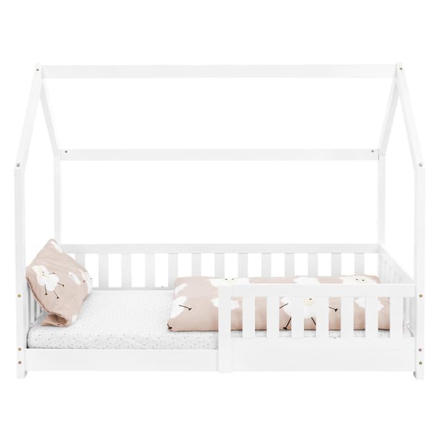 Seng med faldsikring gitterramme og tag 80x160 cm Hvid fyr ML-Design