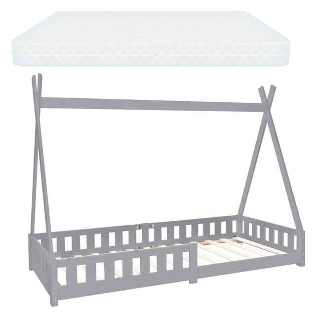 ML-Design Barnsäng Tipi 90x200 cm Grå med kallskumsmadrass