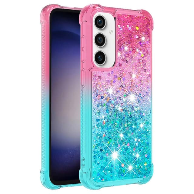 SKALO Samsung S23 FE Kvicksand Glitter Hjerter TPU Cover - Pink-Turkis