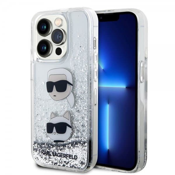 Karl Lagerfeld iPhone 15 Pro Skal Liquid Glitter Karl & Choupette Silver