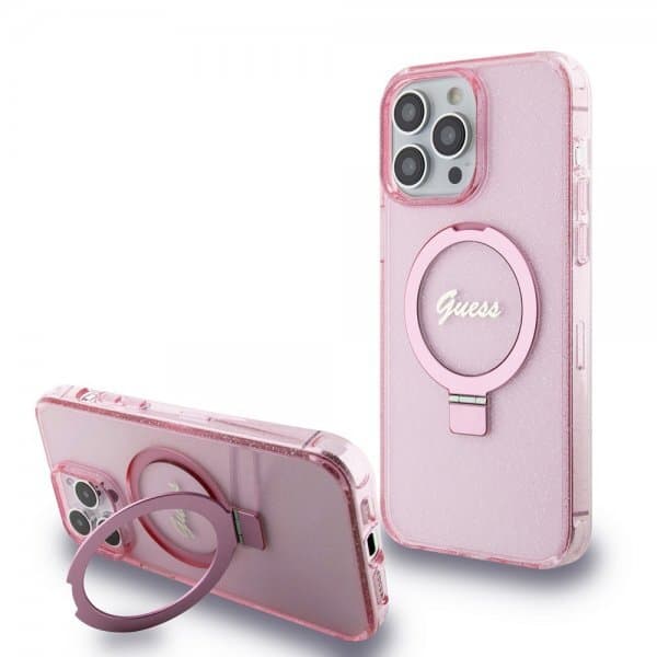 Guess iPhone 15 Pro Max Cover Ring Stand Glitter MagSafe Lyserød