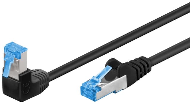 Netværkskabel CAT 6A vinklet 1x 90°, S/FTP (PiMF), sort, 0,25 m
