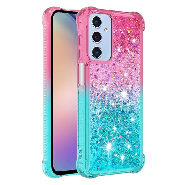 SKALO Samsung A15 5G Juoksuhiekka Glitter Sydämet TPU kuori - Pinkki-Turkoosi