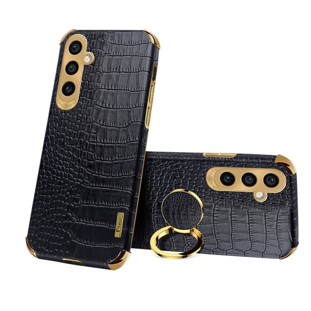 SKALO Samsung A25 5G Crocodile Guldkant Ring Cover - Sort