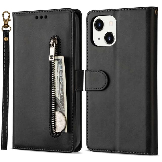 SKALO iPhone 15 Plus Flip Cover m. pung i PU-læder med lynlås - Sort