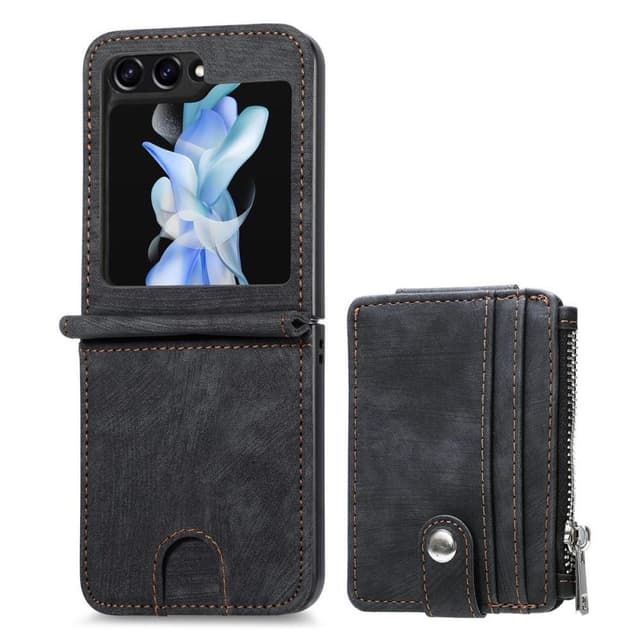 SKALO Samsung Z Flip5 PU Läder Flip Skal med Korthållare/Plånbok - Svart