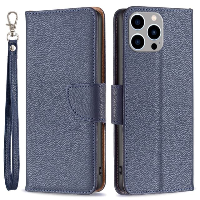 SKALO iPhone 15 Pro Max Litchi Flip Cover - Mørkeblå