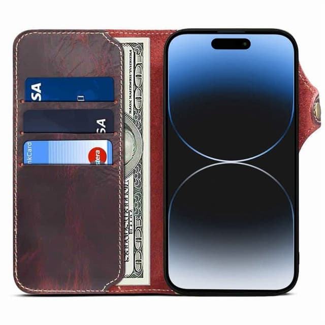 Wallet 3-kort ægte læder Apple iPhone 15 Pro - Oxeblod