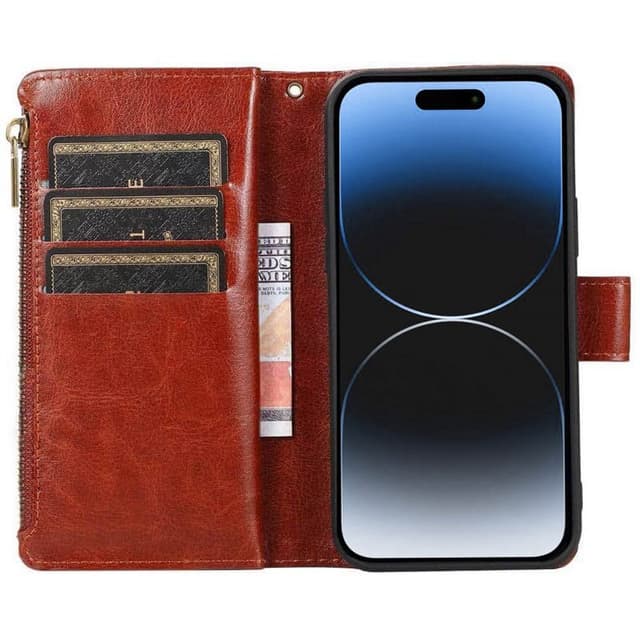 Dubbelflip Zipper 9-kort Apple iPhone 15 - Brun