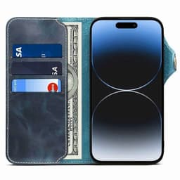 Lompakkokotelo 3-kortti aitoa nahkaa Apple iPhone 15 Pro - Sininen
