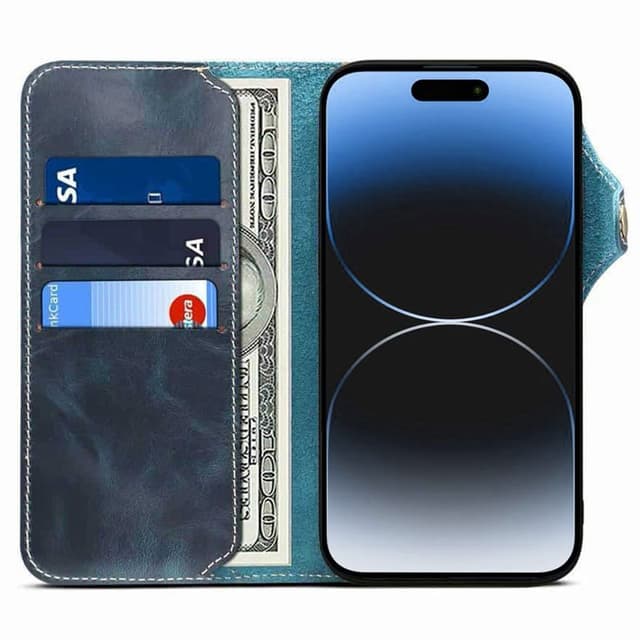 Mobilplånbok 3-kort äkta läder Apple iPhone 15 Pro - Blå